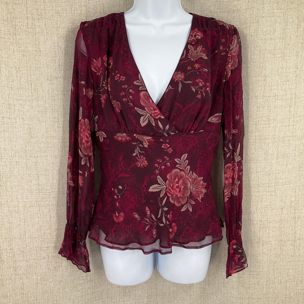 I.C.E Blouse Womens M Burgundy 100% Silk Floral Paisley Boho Whimsigoth Romantic
